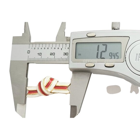 Trifari Crown Over T Gold tone Red White Enamel Love Knot Ribbon Bar Pin, Signed - Picture 8 of 9